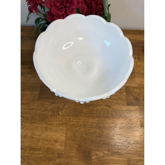 Vintage Milk Glass Pedestal Compote Bowl Scalloped Edge Teardrop MCM White - Picture 4 of 7